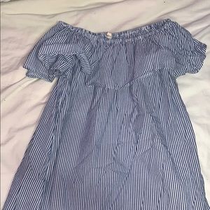 blue and white striped off the shoulder dress